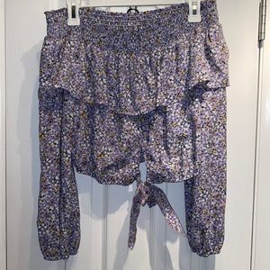 Purple floral off the shoulder cropped long sleeve